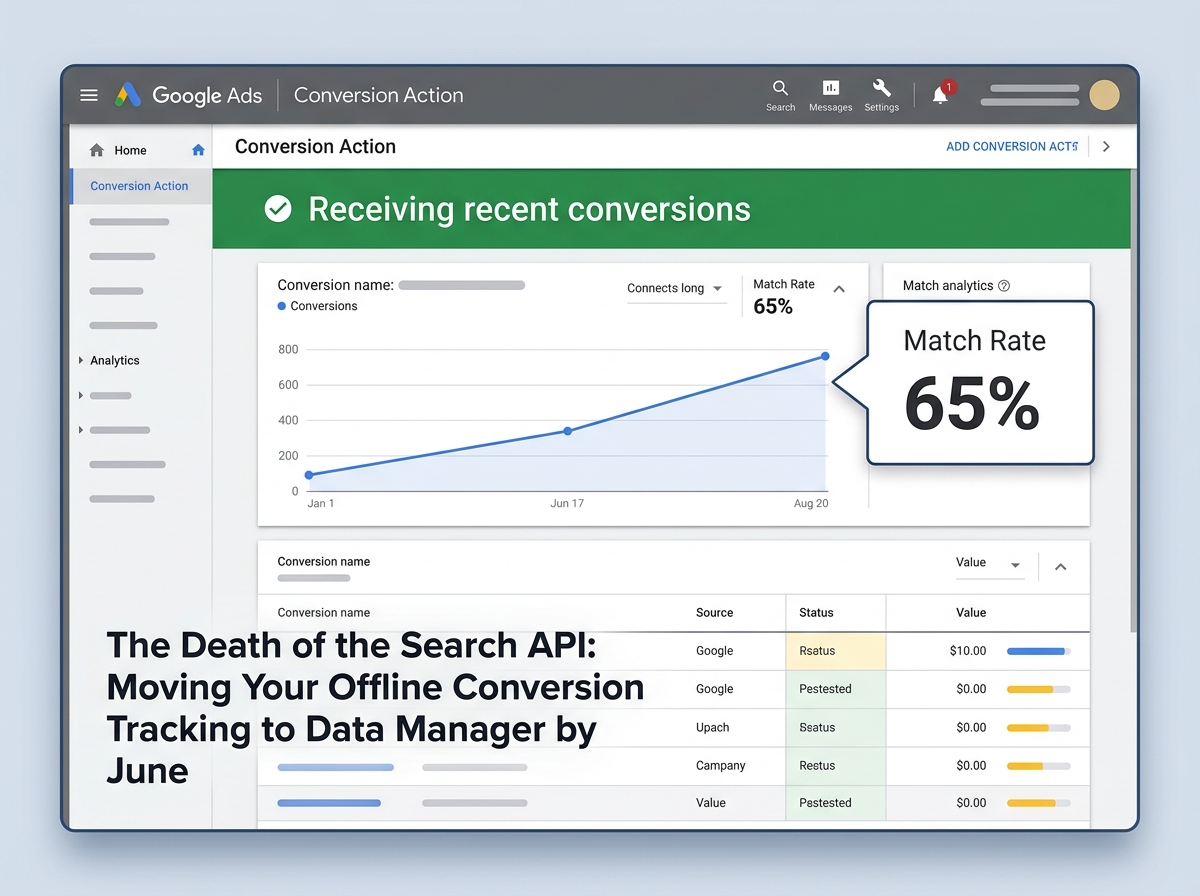 A mockup of the Google Ads conversion diagnostics dashboard showing healthy data flow and match rates.