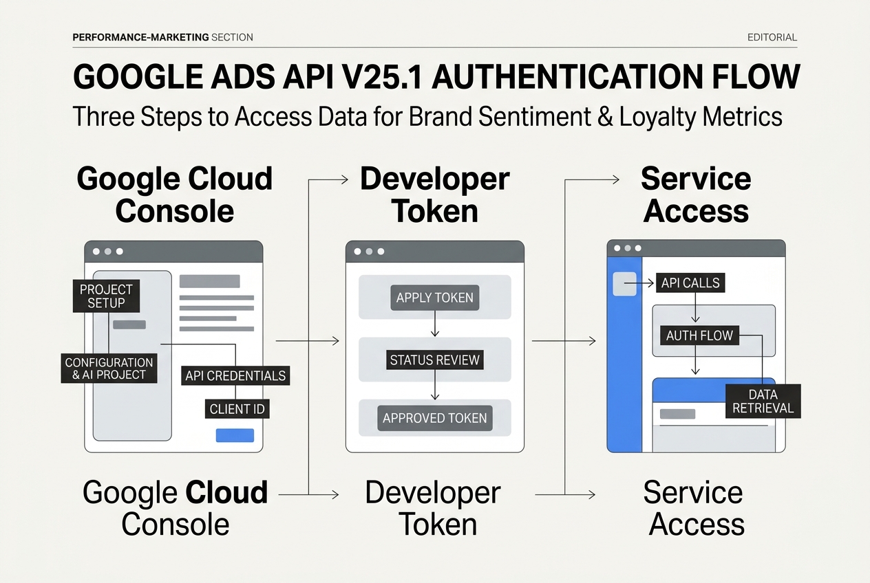 A step-by-step diagram showing how to authenticate the Google Ads API.