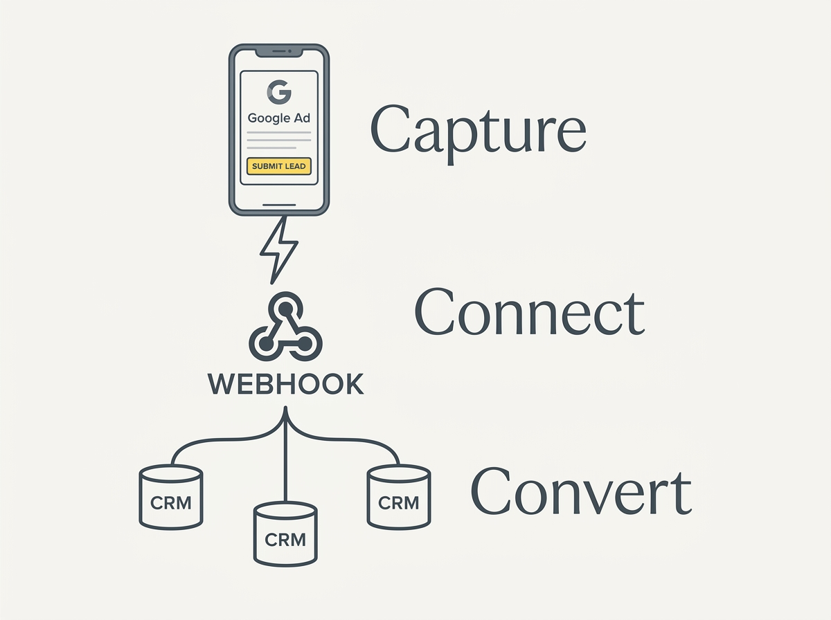 A technical flow chart showing how Google Lead Form data moves through a webhook into a CRM system.