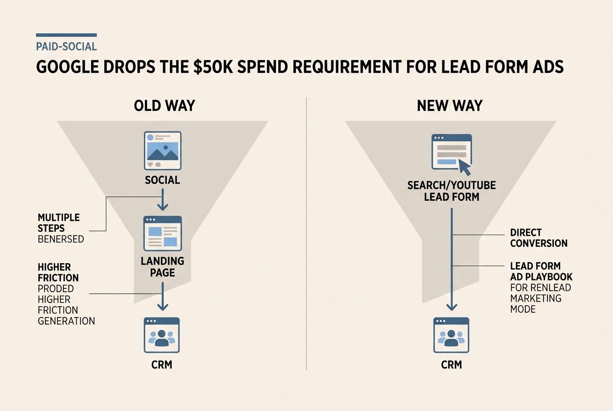 A diagram comparing the traditional long-form marketing funnel with the new streamlined native lead form funnel.
