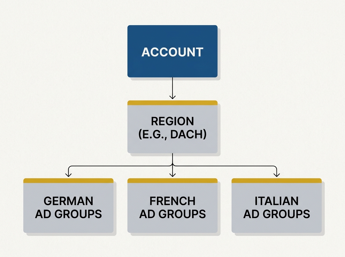 An organizational chart showing the recommended account structure for international PPC campaigns.