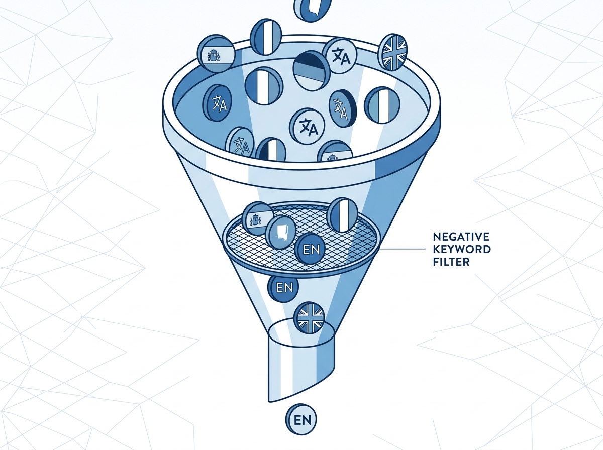 An isometric funnel showing how negative keyword lists filter out unwanted languages.