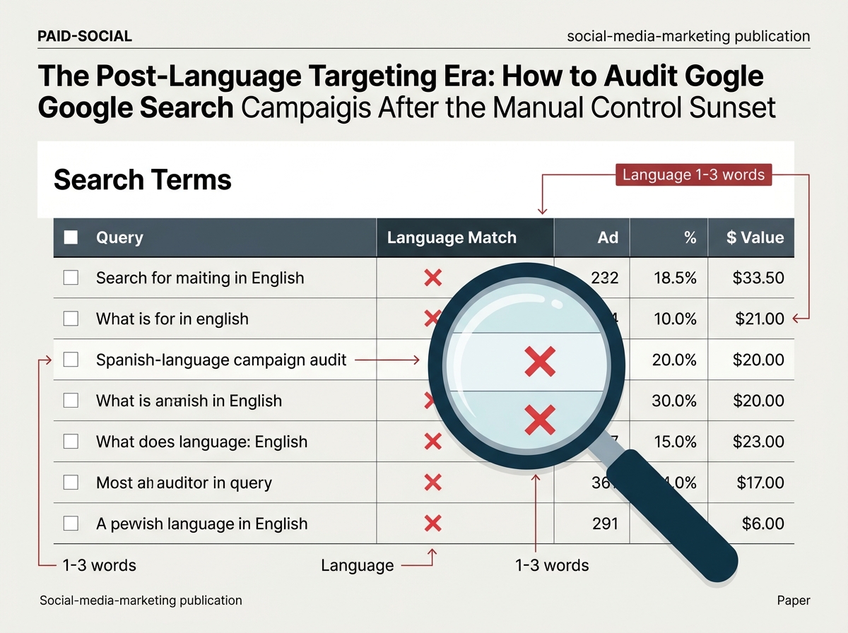 A diagram illustrating how to identify language discrepancies in a Google Ads Search Terms report.