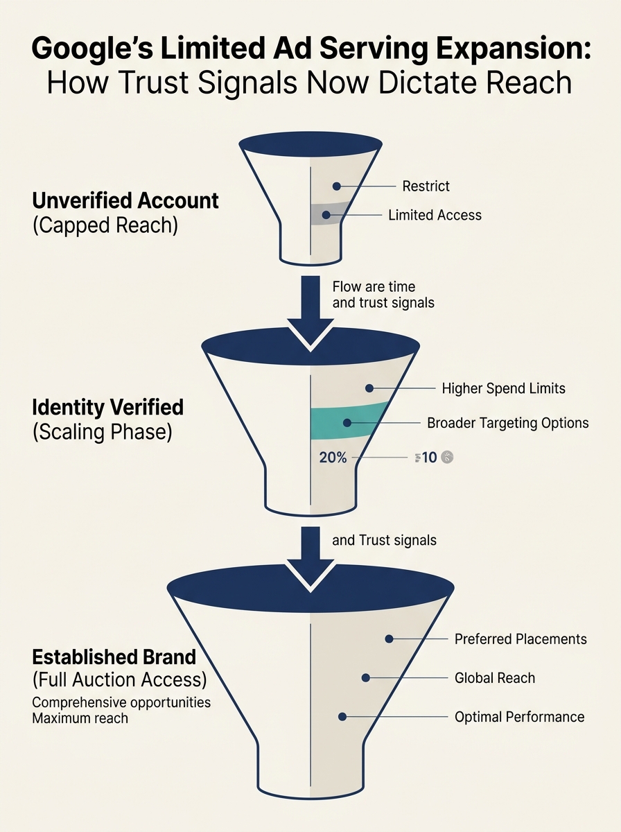 An infographic showing the three stages of Google Ads account trust, from unverified to established brand.