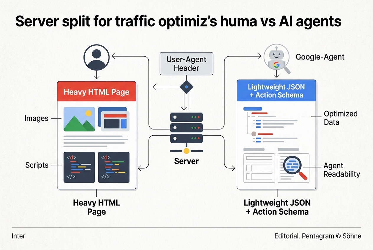 A diagram showing how a server differentiates between a human user and the Google-Agent to serve optimized content.