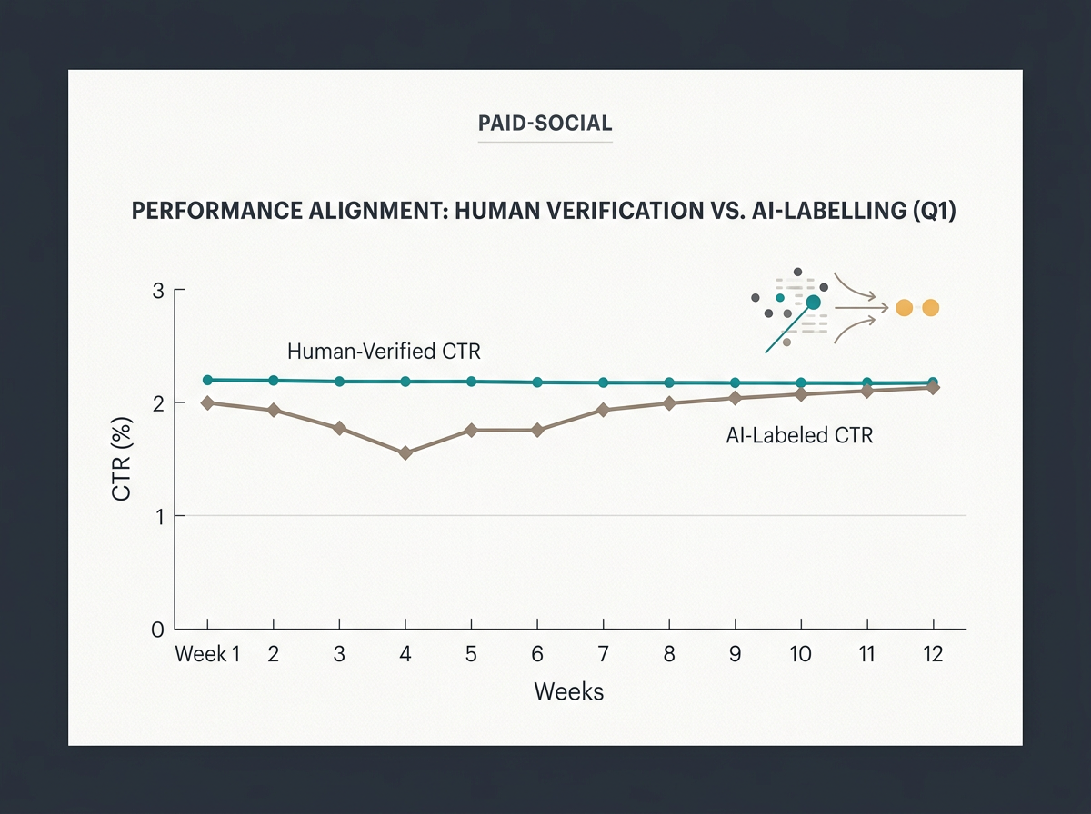 A line graph showing the performance comparison between human-verified and AI-labeled ad click-through rates.
