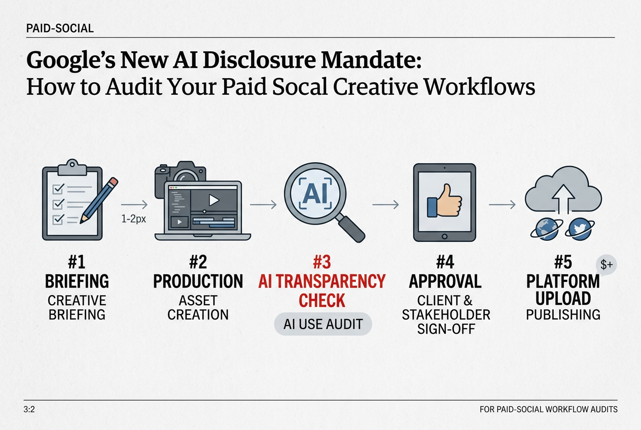 A five-step diagram showing where an AI transparency check fits into a standard creative workflow.