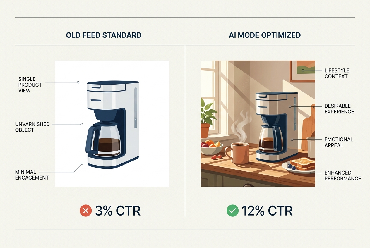 Comparison between a standard product photo and an AI-optimized lifestyle image.