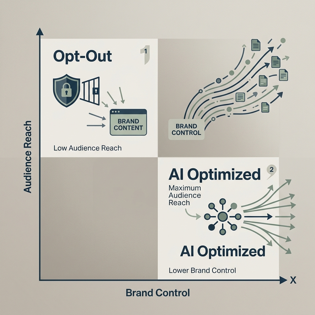 A 2x2 matrix comparing brand control versus audience reach in the context of AI search opt-out decisions.