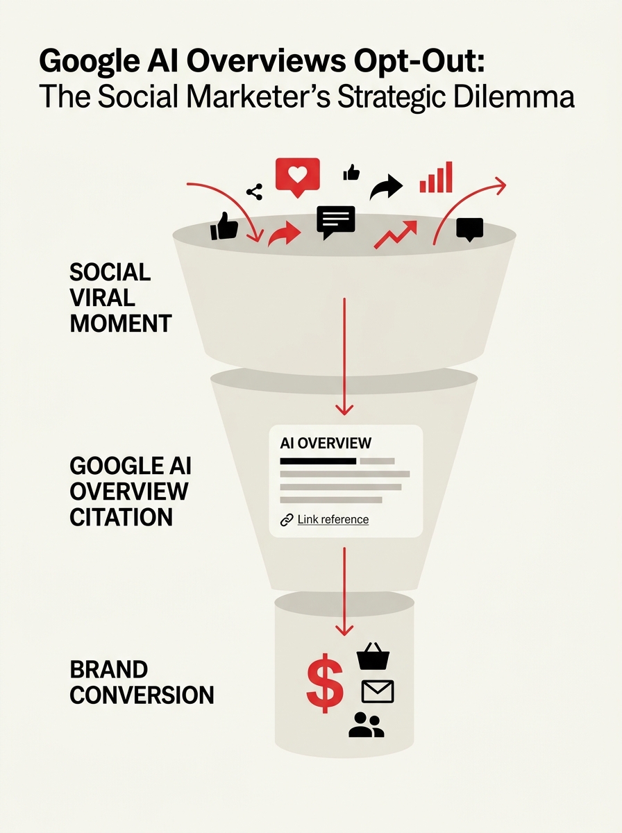 A funnel diagram showing how social media trends lead to AI search citations and finally to brand conversions.