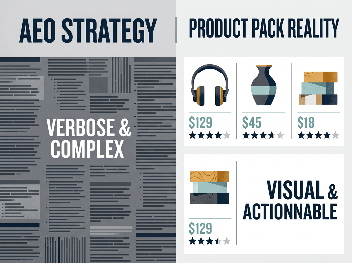 A comparison between a text-heavy AEO strategy and a visual Product Pack result.