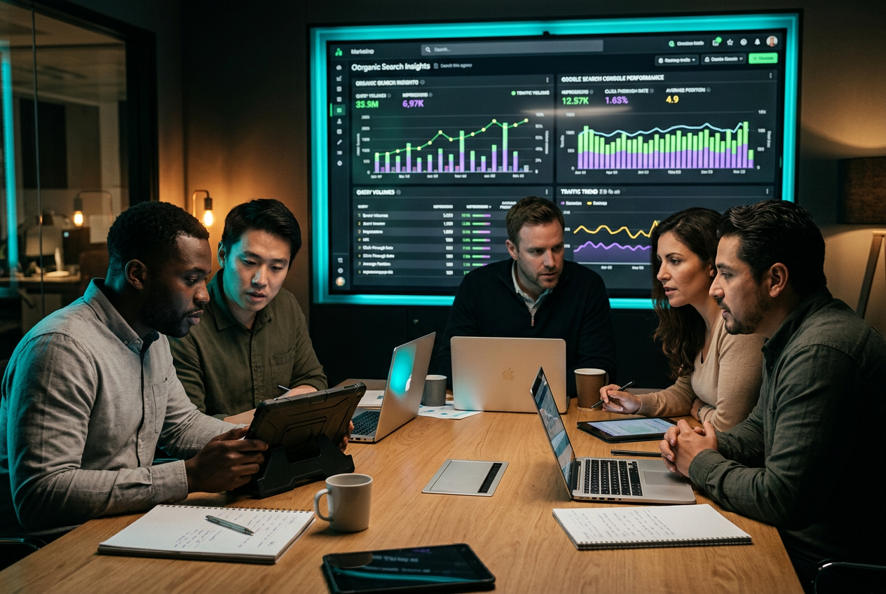 A marketing team analyzing search data in a modern office setting.