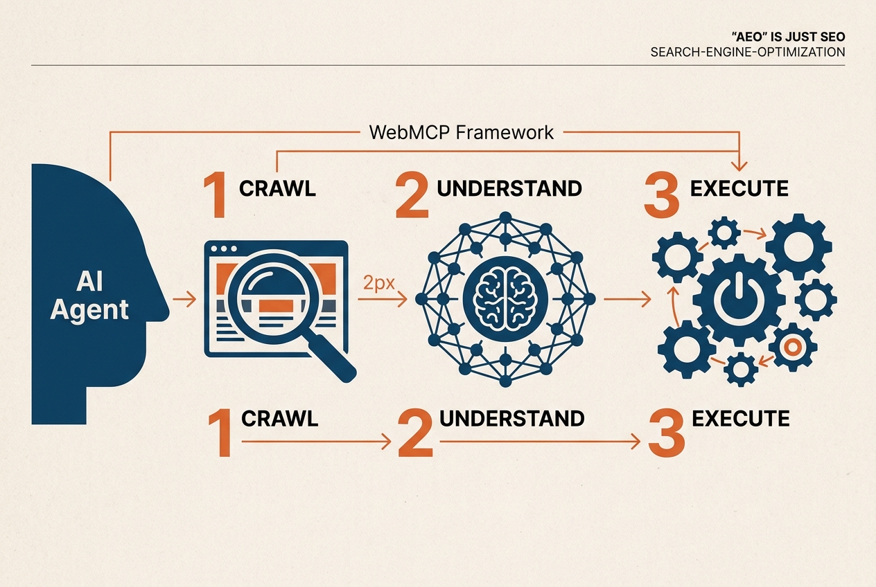 A flow diagram illustrating the WebMCP framework: Crawl, Understand, and Execute.