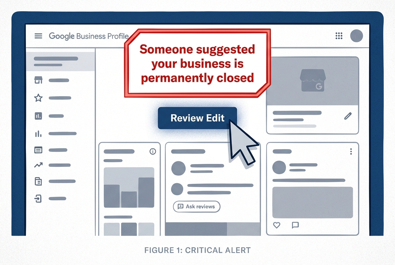 A mockup of a Google Business Profile alert showing a malicious 'permanently closed' suggestion.