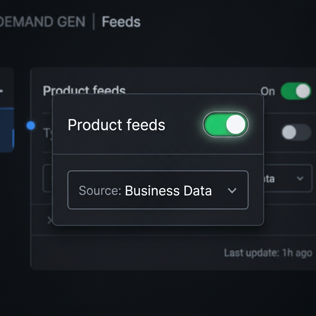A screenshot-style illustration of the Demand Gen campaign setup toggle for product feeds.