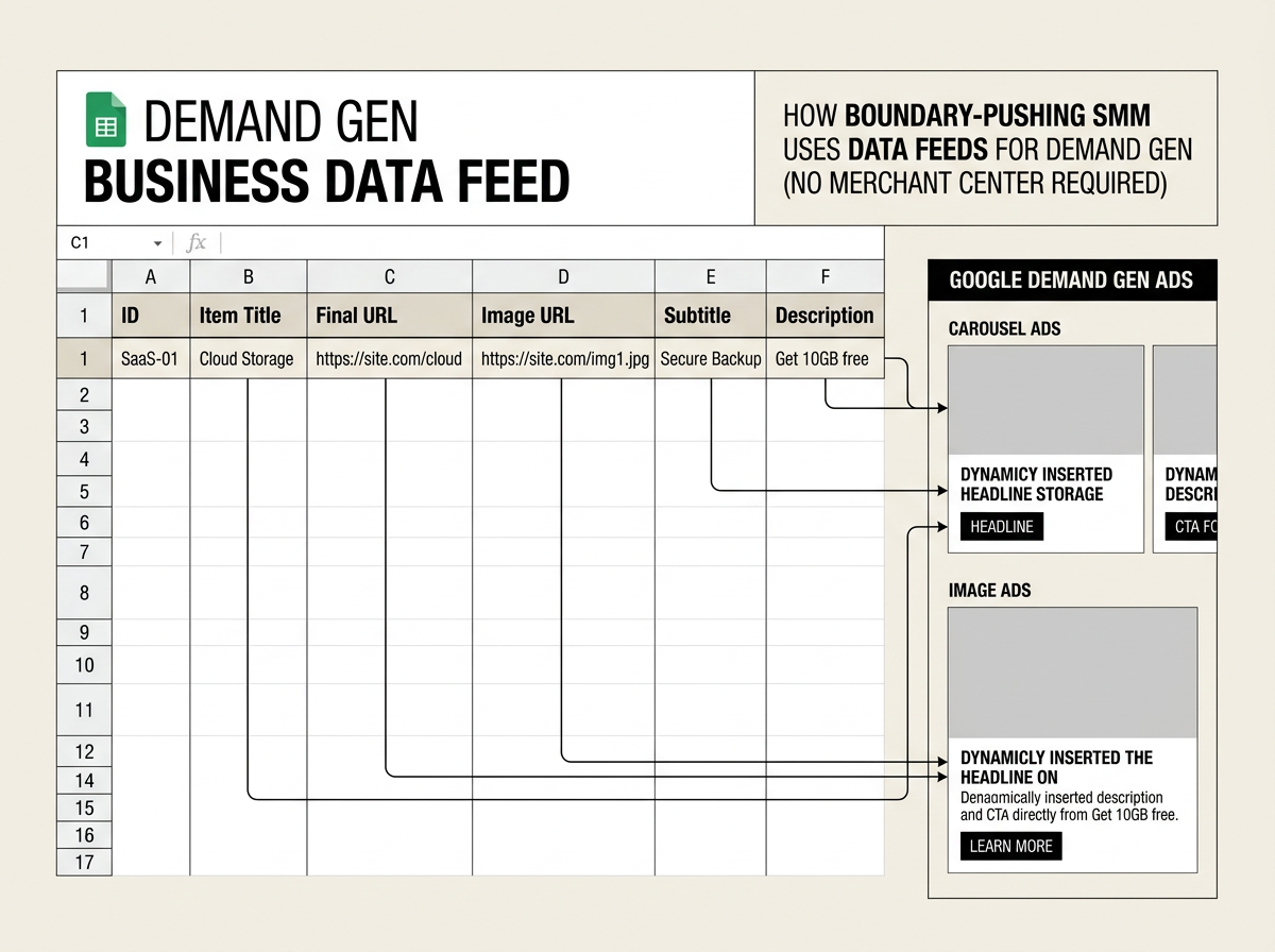 A diagram showing the required spreadsheet columns for a Google Ads Business Data feed.