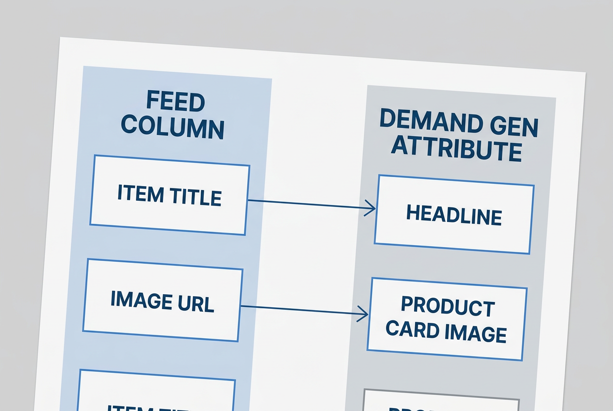 A flowchart mapping spreadsheet columns to Google Demand Gen ad attributes.