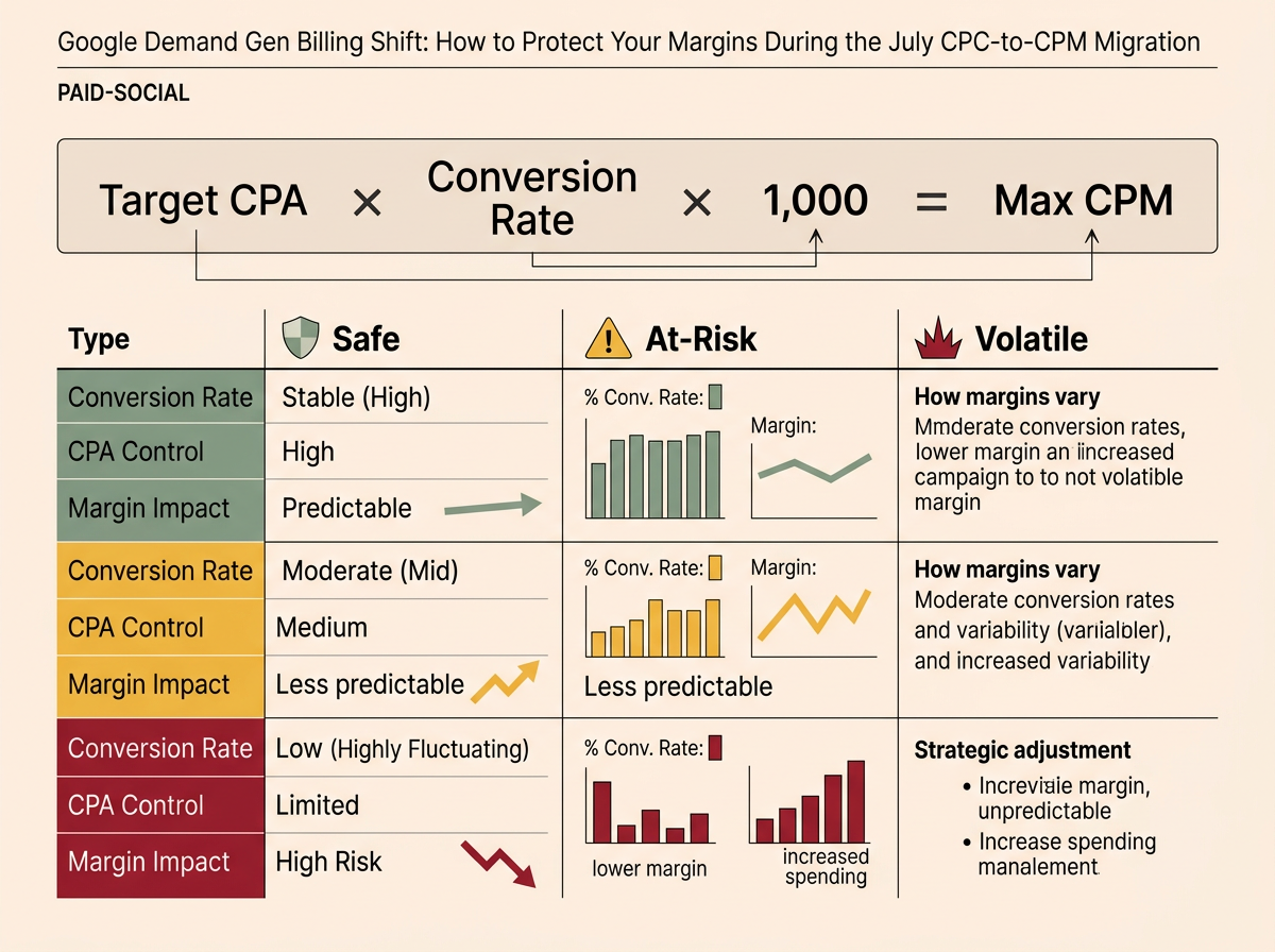 Infographic showing the formula for calculating maximum allowable CPM in Google Demand Gen.