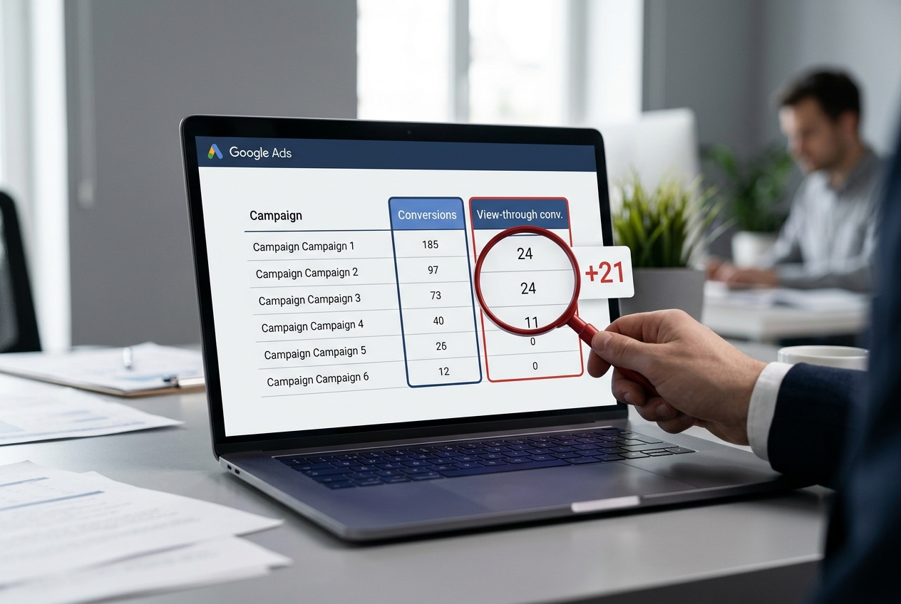Mockup of Google Ads interface highlighting the View-through conversion column for auditing purposes.