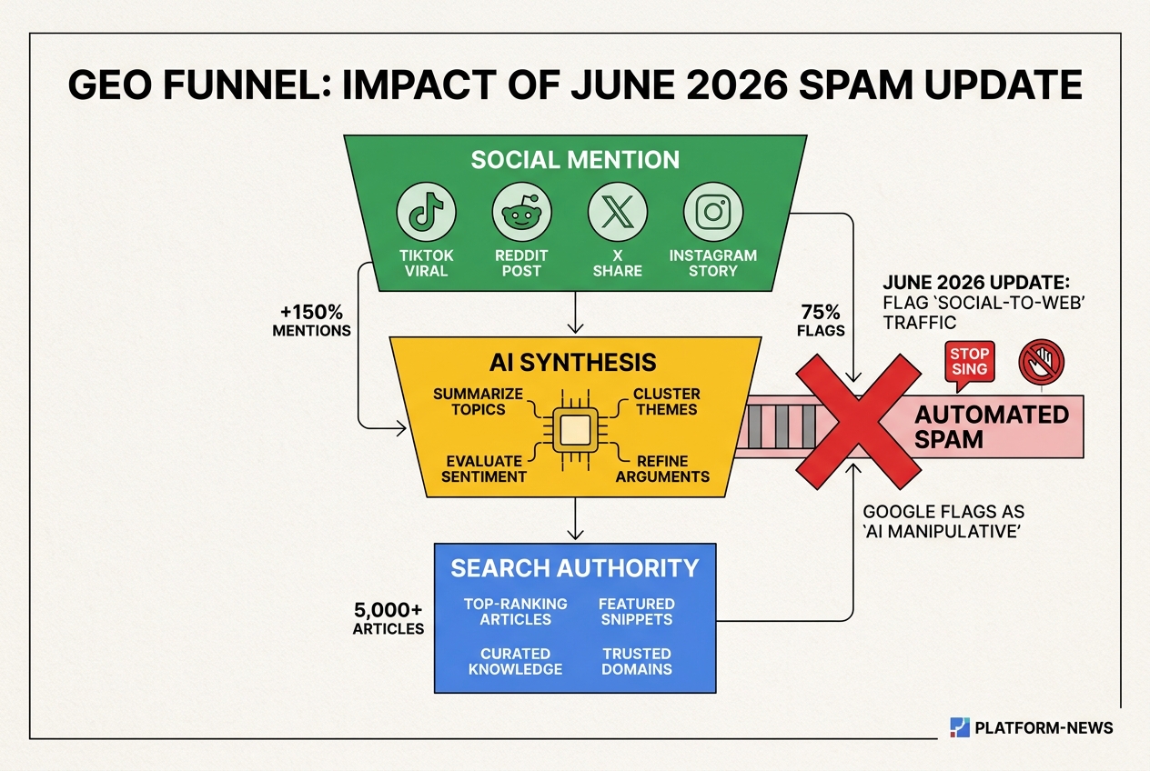 An infographic explaining how AI-generated social mentions attempt to influence search authority.