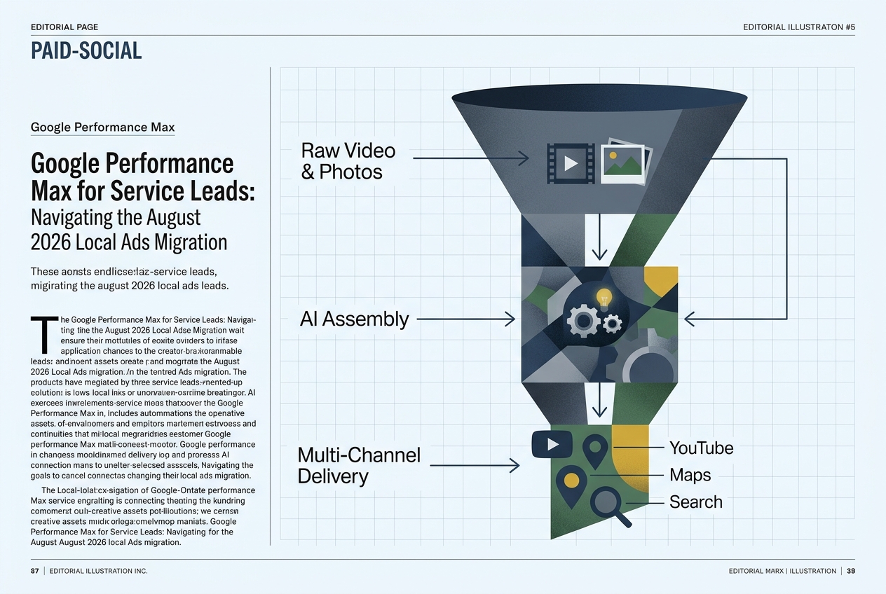 A funnel diagram explaining how Performance Max takes raw creative assets and uses AI to distribute them across various Google properties.