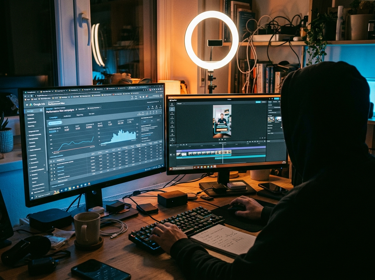 A social media manager's workspace showing the balance between ad dashboards and creative editing tools.