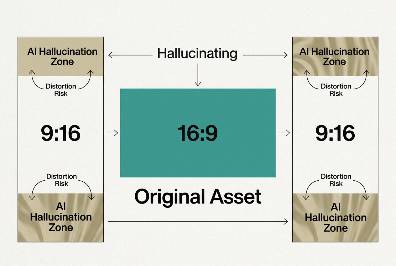 Infographic explaining how AI outpainting adds new pixels to fill a vertical frame from a horizontal source.