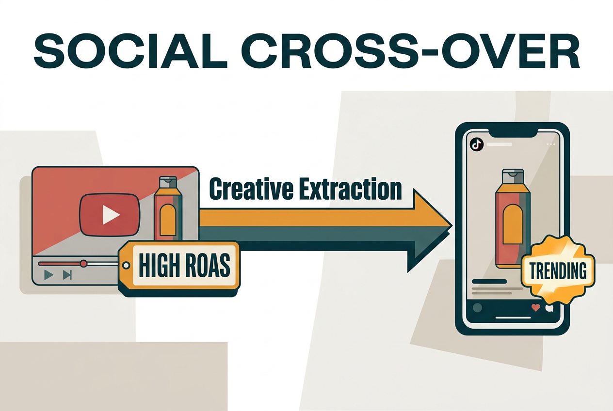 A diagram illustrating the workflow of taking winning products from Google YouTube reports and repurposing them for TikTok and social platforms.