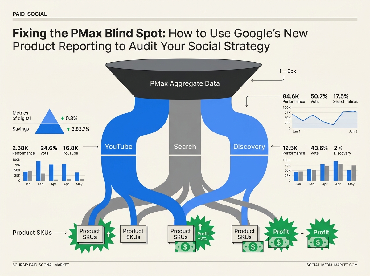 An infographic showing how aggregate PMax data is now segmented into YouTube, Search, and Discovery at the product level.