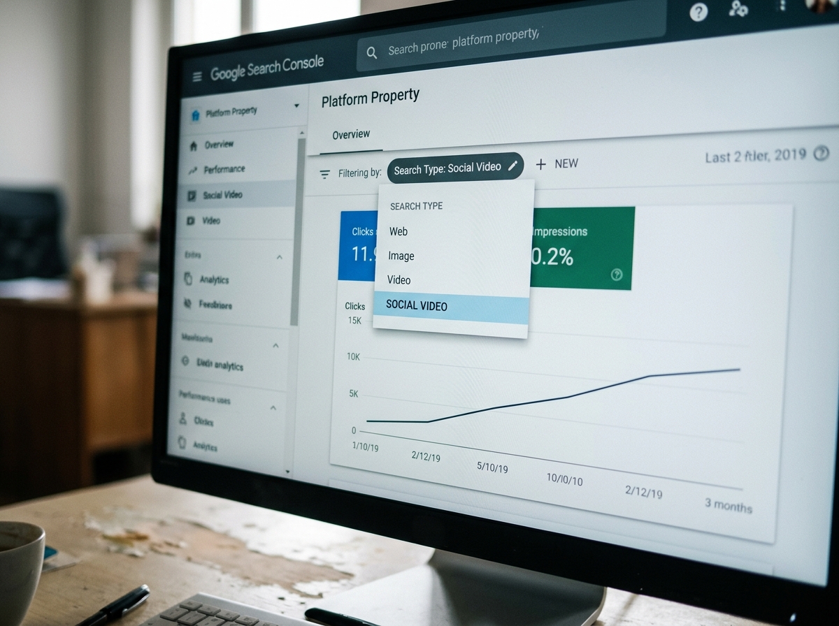 A mockup of the Google Search Console interface showing the new Social Video search type filter.