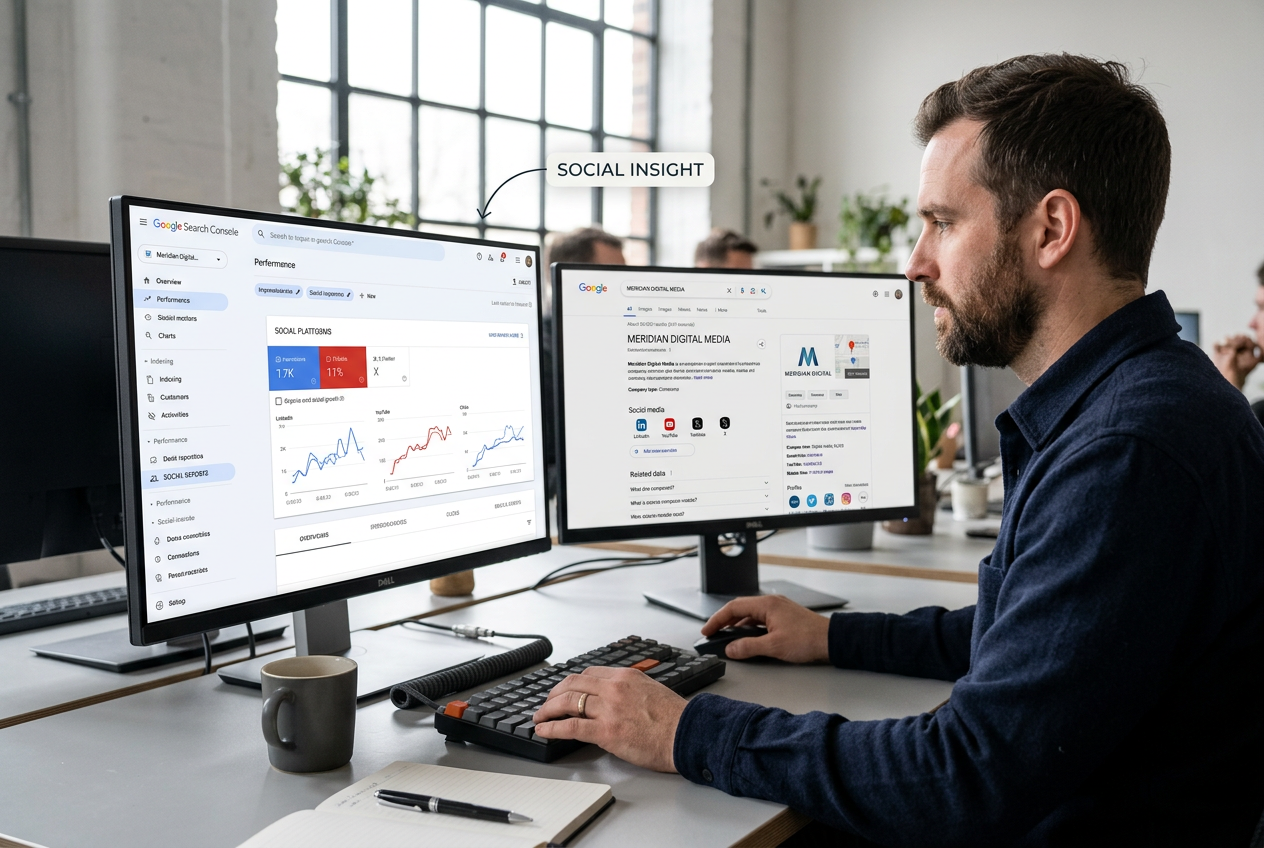 A marketer analyzing brand authority and social integration on a dual-monitor setup.