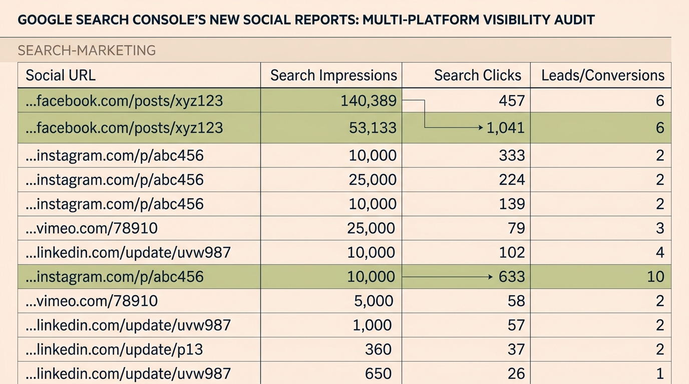 A data table showing the correlation between social search traffic and business conversions.