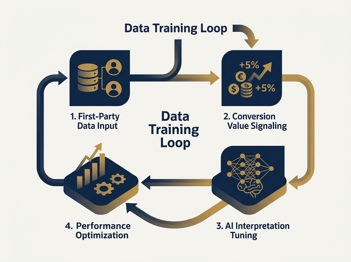 A flowchart showing how advertisers can use first-party data to train Google's AI for better search results.