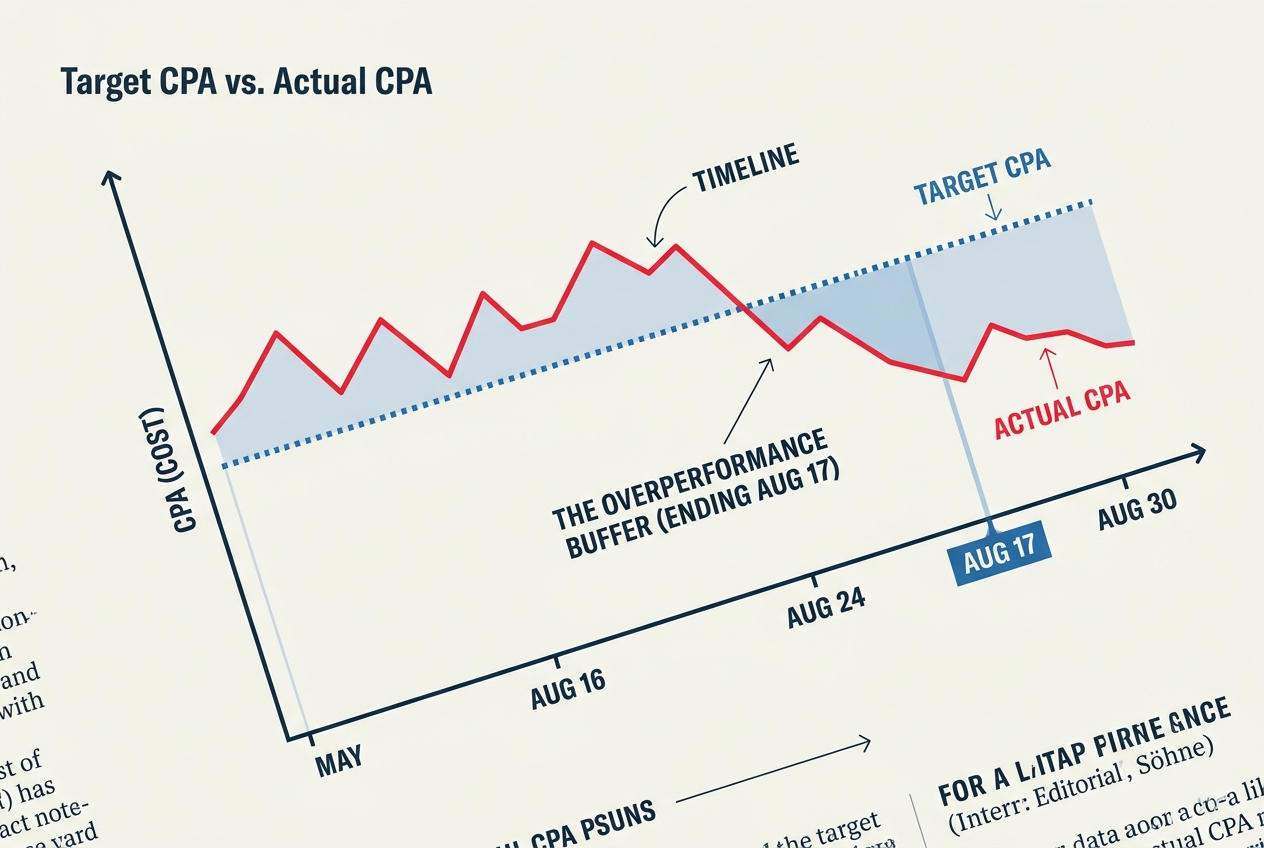 A chart showing the gap between target and actual CPA that Google is expected to close.