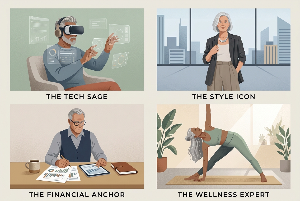 Four illustrations showing the diversity of content niches for creators over 50.