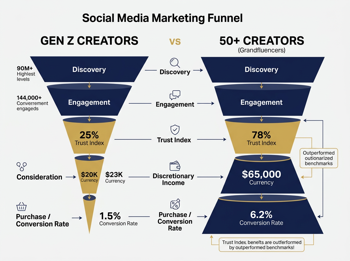 Infographic showing higher conversion and trust metrics for older influencers compared to Gen Z.