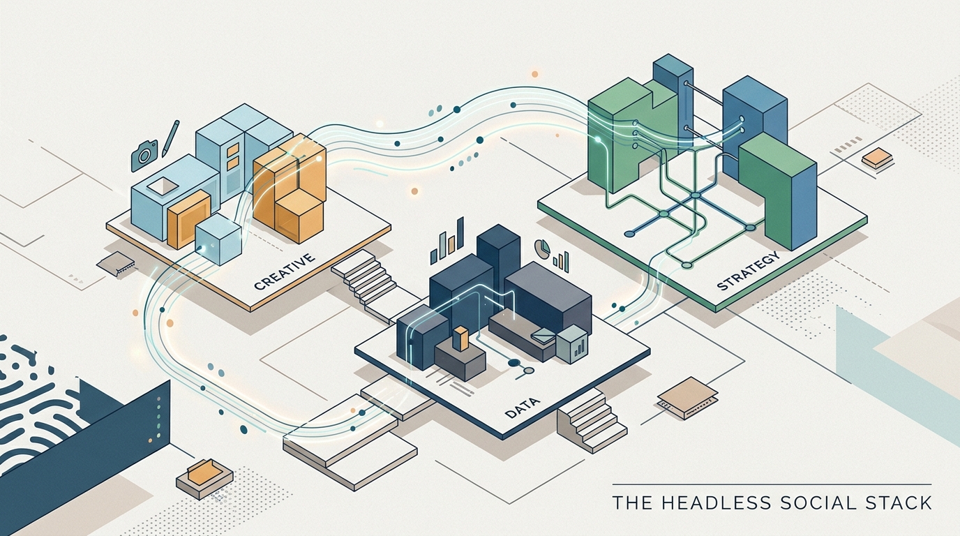 An isometric blueprint illustration showing the flow of data between different marketing departments in a modern enterprise.