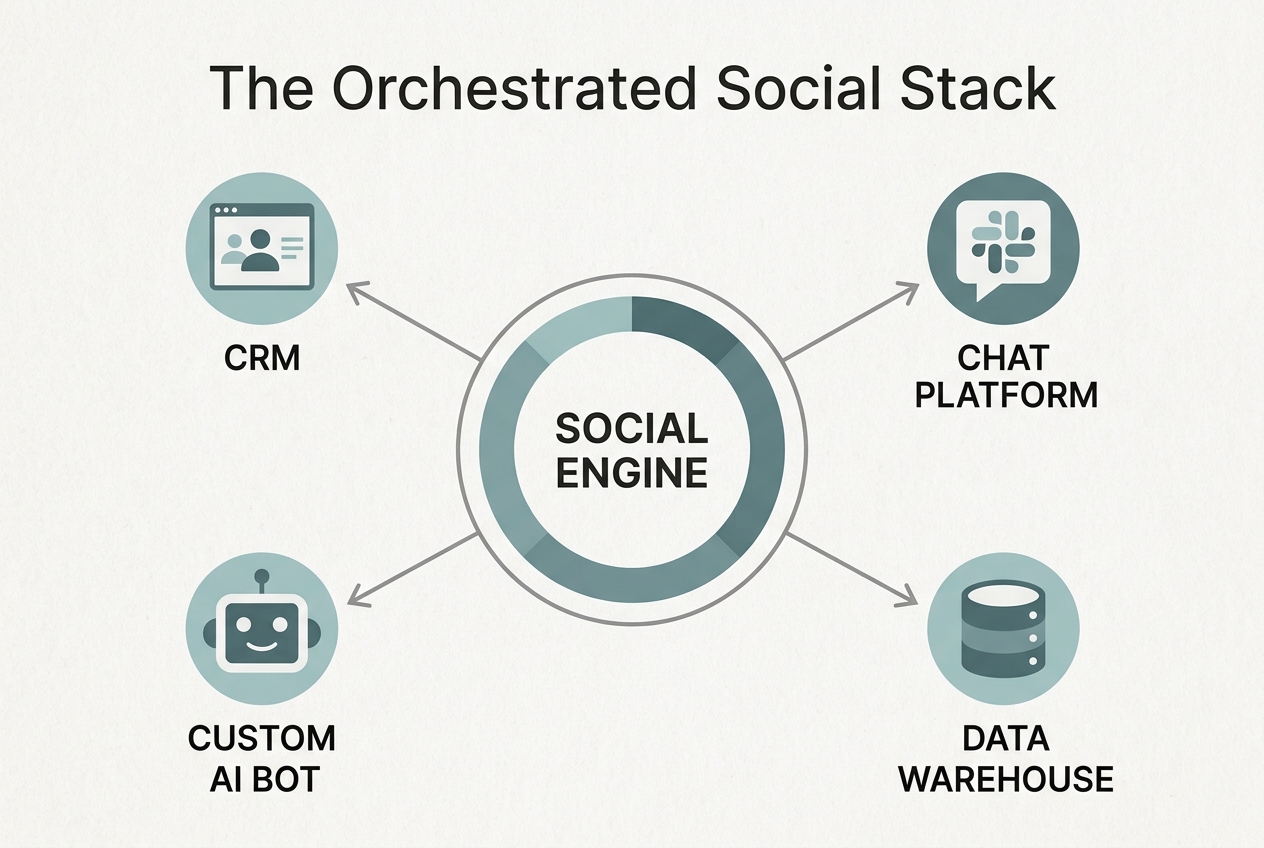 An infographic showing how a central social media API connects to various internal business tools like CRM, chat, and data warehouses.