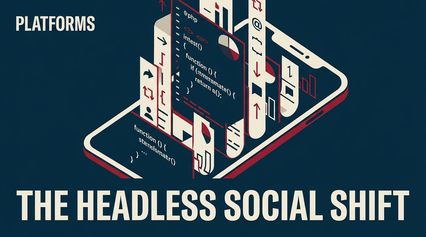 A conceptual illustration of a smartphone with digital ribbons representing the flow of social media data, symbolizing a headless API approach.