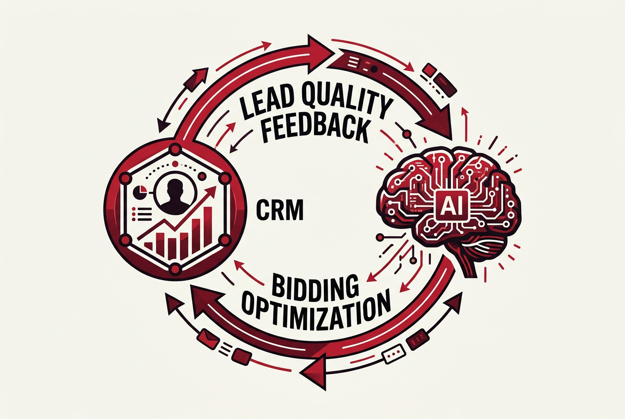 An illustration showing how CRM data feeds back into AI bidding models to improve lead quality.