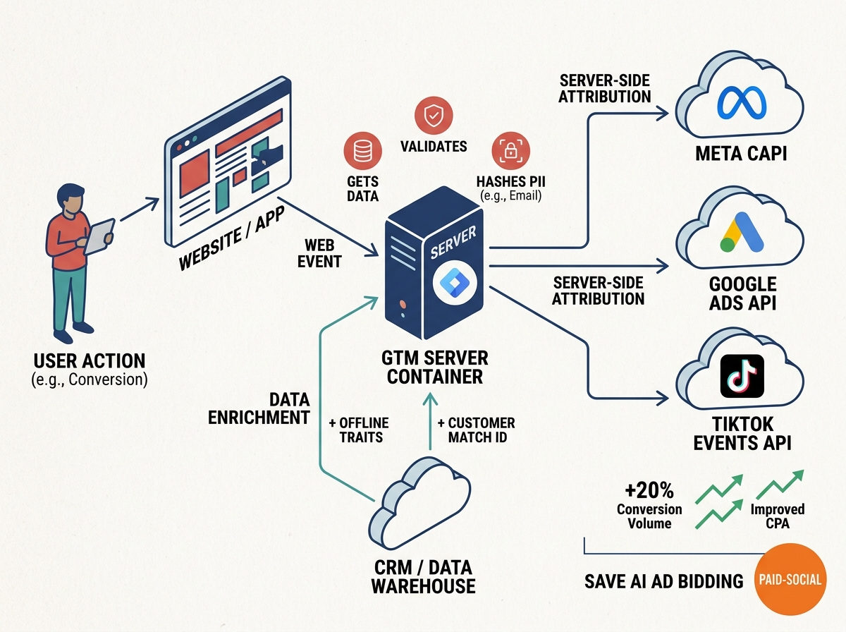 A flowchart illustrating the server-side tagging process from user action to ad platform API.