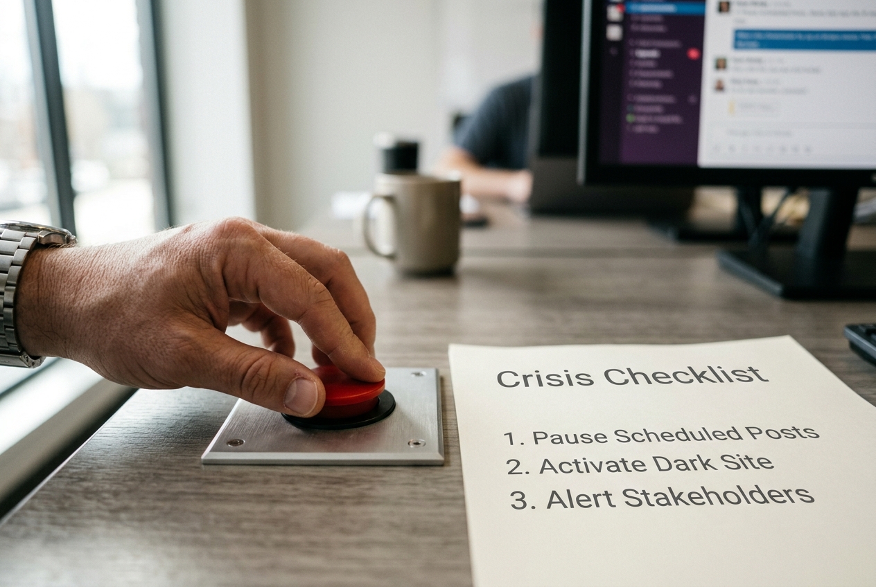 A hand next to a crisis response checklist, emphasizing the 'Pause and Pivot' strategy.