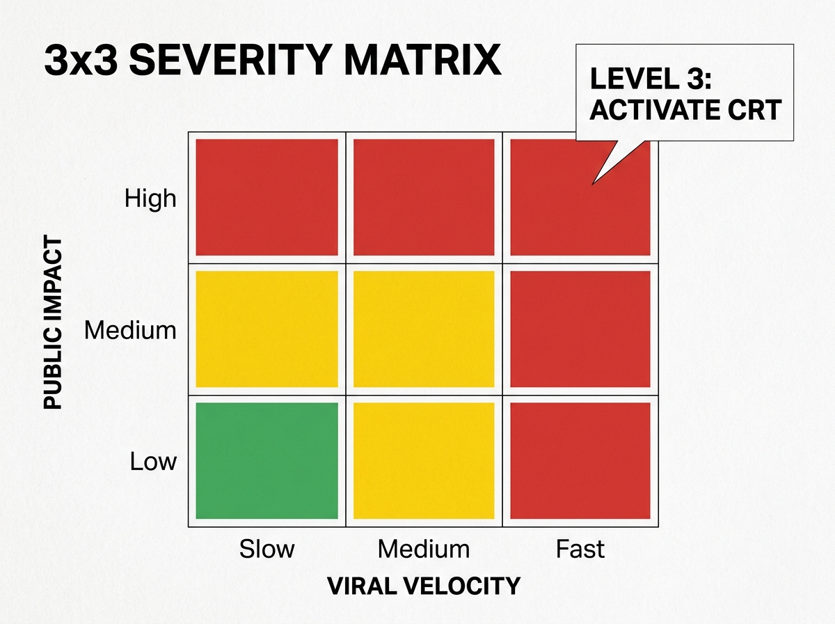 A 3x3 grid diagram showing how to categorize social media crises by impact and speed.