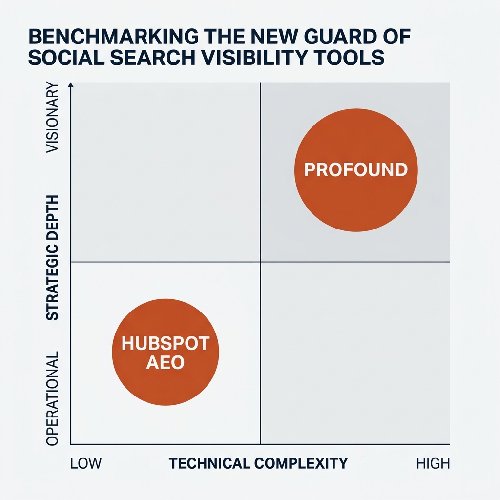 A 2x2 matrix comparing HubSpot and Profound based on technical complexity and strategic depth.