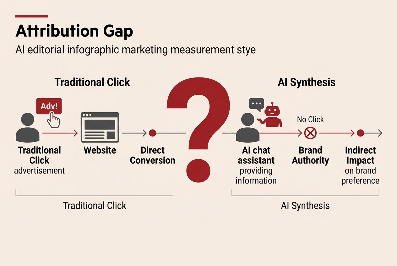 An infographic showing the gap between traditional click attribution and AI-driven brand authority.