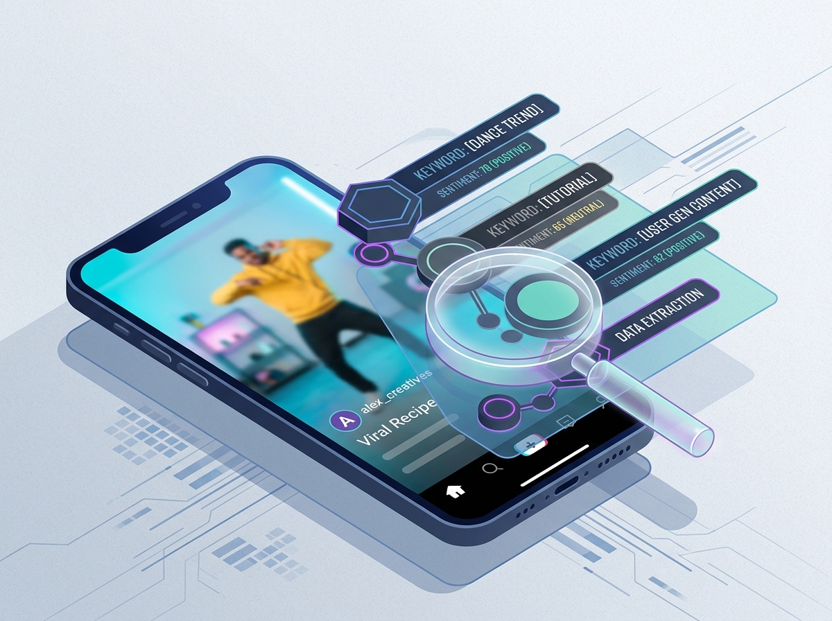 An isometric view of a smartphone extracting data nodes from a social video feed.