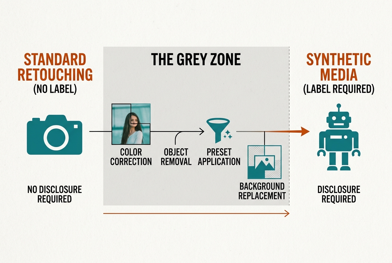 An infographic showing the spectrum of AI usage in advertising and when a disclosure label becomes necessary.
