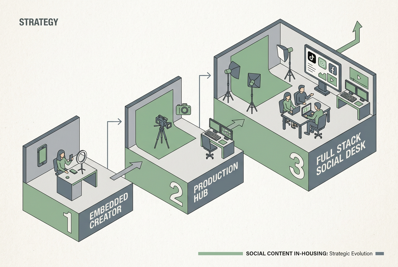 A roadmap diagram showing the three phases of transitioning a social media team from an agency to in-house.