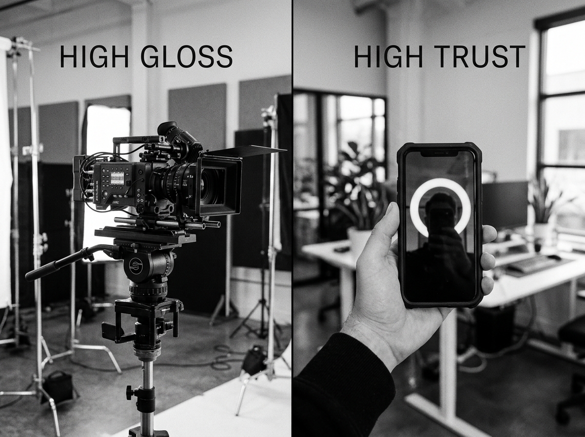 Comparison of professional studio equipment versus a smartphone setup, illustrating the shift toward lo-fi content.