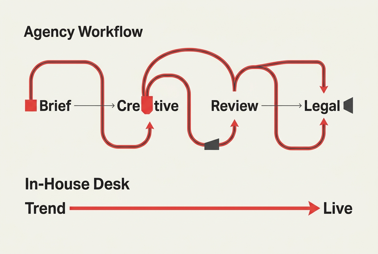 Infographic comparing the long approval process of agencies versus the streamlined workflow of in-house teams.